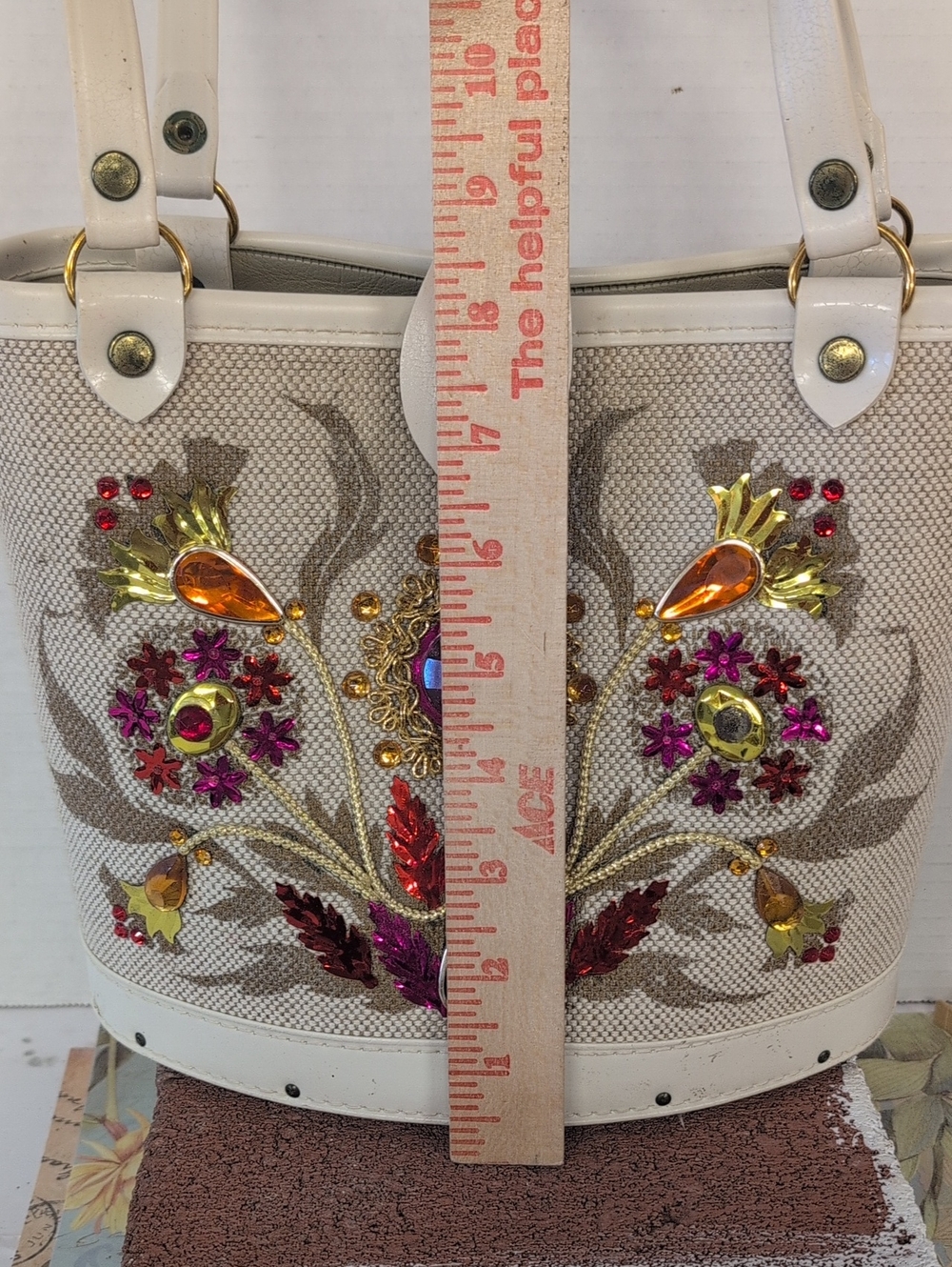 VINTAGE Bag Mini Bucket Bag Embellished Beige Pink Multicolor Gem Accents - Picture 8 of 9